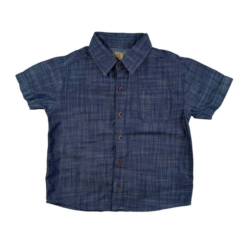 True Craft Boys Short Sleeve Button Down Shirt Denim Blue Chambray Cotton Top 4T
